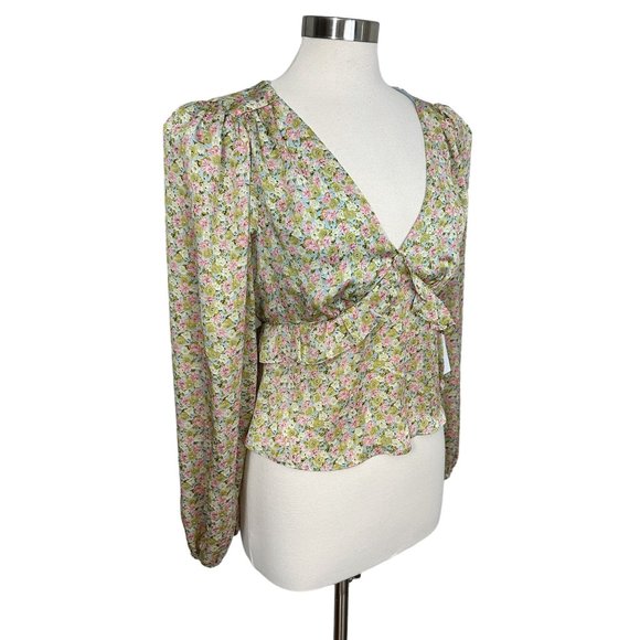 New ASTR Medium Ditsy Mustard Pink Floral Cutout Ruffle Puff Long Sleeve Blouse - Picture 5 of 9